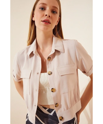 Kadın Krem Cepli Kısa Kollu Yazlık Ceket
