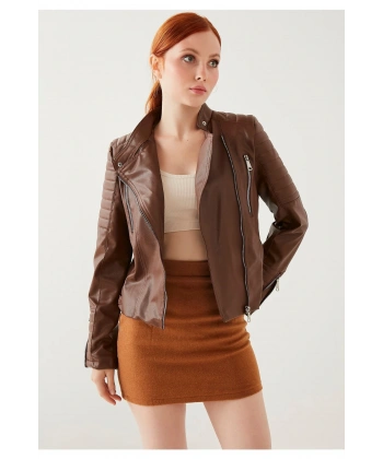Kadın Kahve Kol Detaylı Deri Ceket