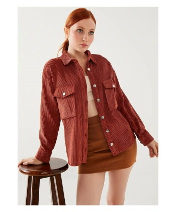 Kadın Kiremit Kadife Gömlek