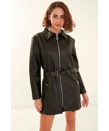 Kadın Siyah Deri Pardesü Ceket