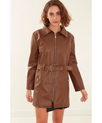 Kadın Kahve Deri Pardesü Ceket