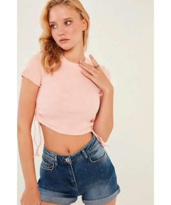 Kadın Pudra Yan Büzgülü Kaşkorse Crop Bluz