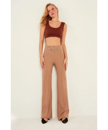 Kadın Vizon Yüksek Bel Zincir Detaylı Geniş Paça Dokuma Pantolon