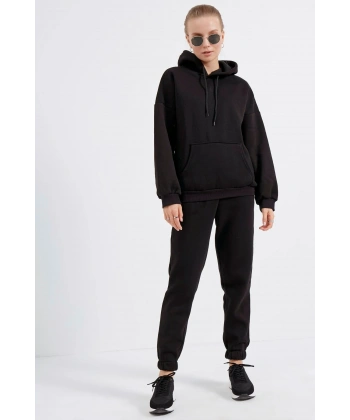 Kadın Siyah Kapüşonlu Polarlı Oversize Eşofman Takımı