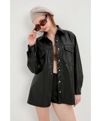 Kadın Siyah Cepli Suni Deri Ceket Gömlek