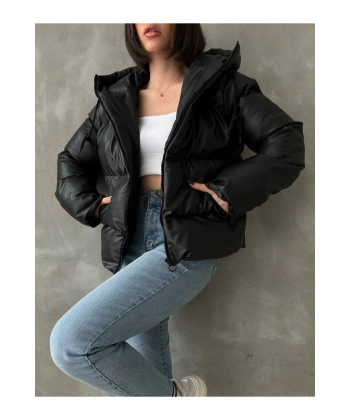 Kadın Siyah Kapüşonlu Şişme Deri Mont