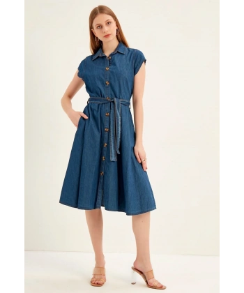 Kadın Lacivert Düğmeli Kuşaklı Kot Elbise