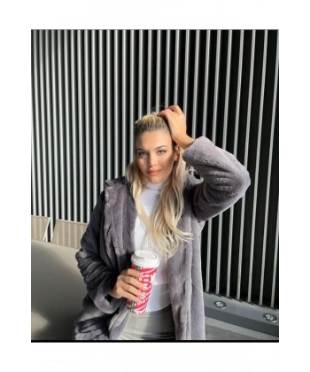 Peluş Kapüşonu Yumoş Kürk Kaban, Koyu Kahve