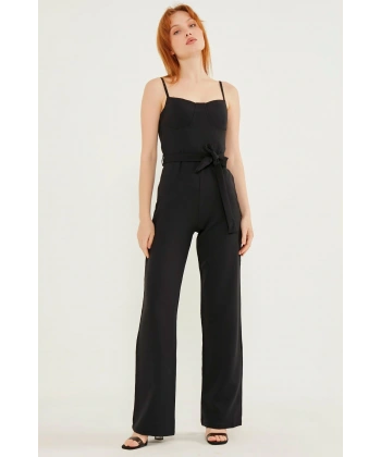 Kadın Arkası Çapraz Detaylı Siyah Tulum Elbise