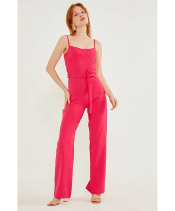 Kadın Arkası Çapraz Detaylı Pembe Tulum Elbise