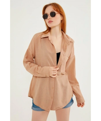 Kadın Kahve Hafif Oversize Keten Gömlek
