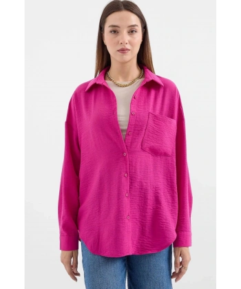 Kadın Fuşya Hafif Oversize Keten Gömlek