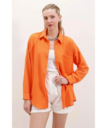 Kadın Oranj Hafif Oversize Keten Gömlek