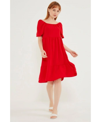 Kadın Kırmızı Madonna Yaka Elbise