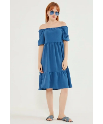 Kadın Indigo Mavi Madonna Yaka Elbise
