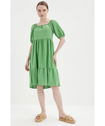 Kadın Koyu Yeşil Madonna Yaka Elbise