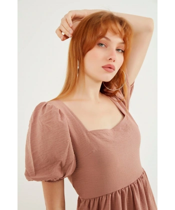 Kadın Gül Kurusu Sırt Bağlamalı Kare Yaka Elbise