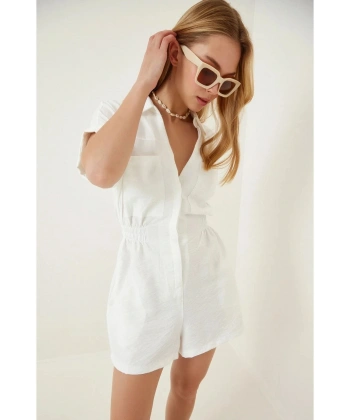 Kadın Beyaz Viskon Şortlu Tulum