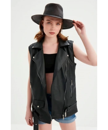 Kadın Siyah Deri Biker Oversize Yelek