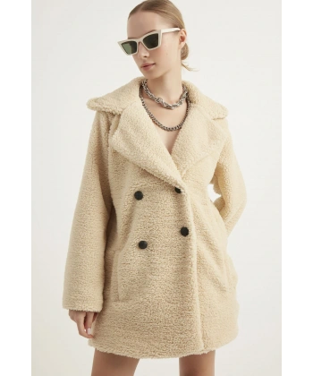 Kadın Krem Astarlı Düğmeli Peluş Kaban