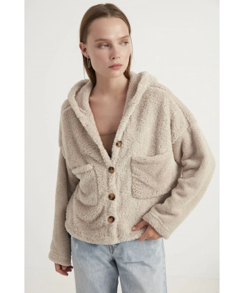 Kadın Krem Çift Cepli Kapüşonlu Peluş Hırka