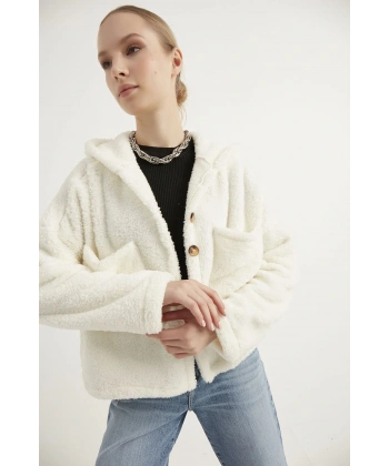 Kadın Beyaz Çift Cepli Kapüşonlu Peluş Hırka