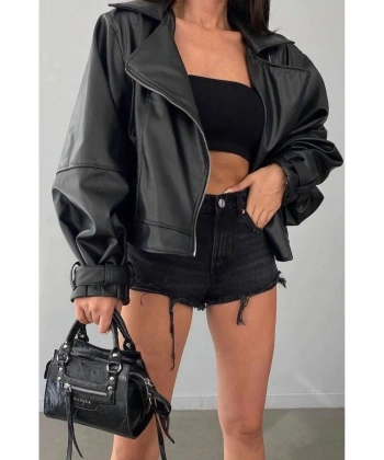 Suni Deri Geniş Kollu Bomber Ceket