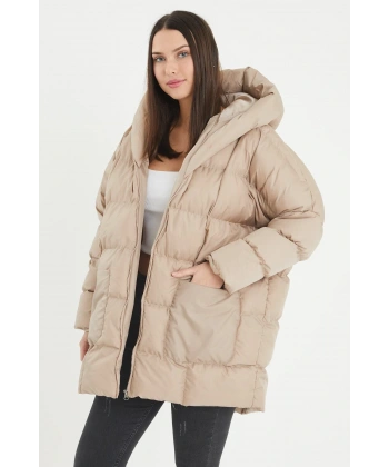 Kadın Kapşonlu Oversize Bej Şişme Mont