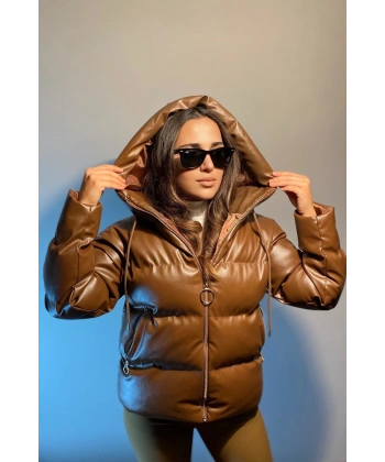 Kadın Kahverengi Deri Kapüşonlu Şişme Mont