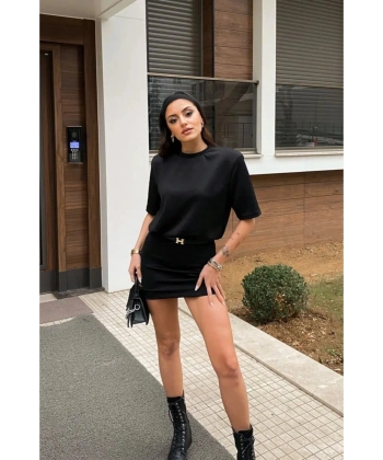 Kadın Siyah Likralı T-Shirt Elbise