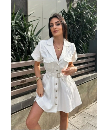 Kadın Beyaz Gabardin Kemerli Elbise