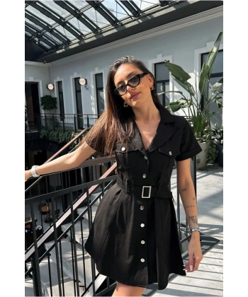 Kadın Siyah Gabardin Kemerli Elbise