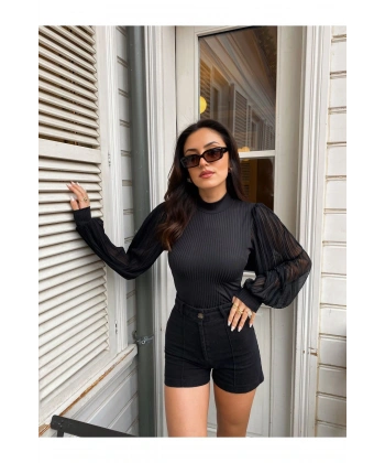 Kadın Siyah Büzgü Detaylı Dik Yaka Sandy Bluz