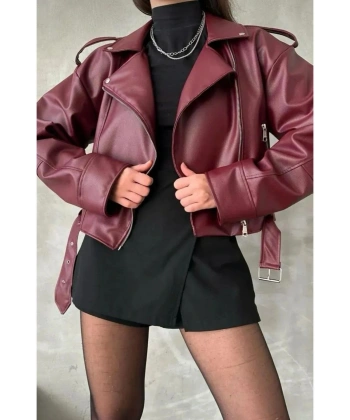 Oversıze Kemerli Deri Tarz Ceket