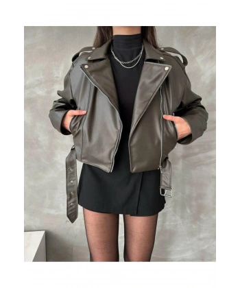 Oversıze Kemerli Deri Tarz Ceket