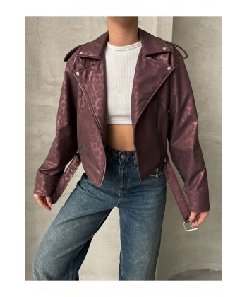 Oversıze Kemerli Deri Tarz Leopar Ceket