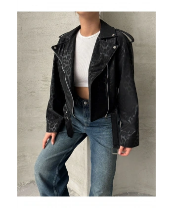 Oversıze Kemerli Deri Tarz Leopar Ceket