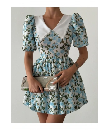 Bebe Yaka Balon Etek Çiçekli Elbise