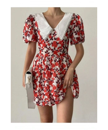 Bebe Yaka Balon Etek Çiçekli Elbise