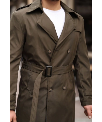 Erkek Haki Kemerli Su ve Rüzgar Geçirmez Trençkot Pardesü