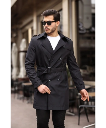 Erkek Siyah Kemerli Su ve Rüzgar Geçirmez Trençkot Pardesü