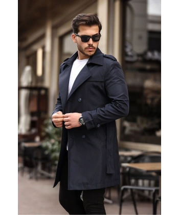 Erkek Lacivert Kemerli Su ve Rüzgar Geçirmez Trençkot Pardesü