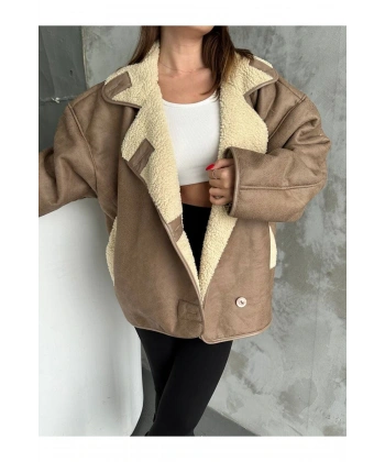 Dokulu Kahve Süet İçi Kürk Oversize Zr Mont