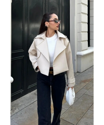 OVERSİZE EKRU DERİ CEKET