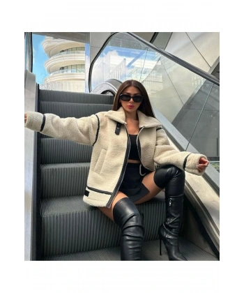 Kadın Bej Premium Tasarım Fermuarlı Peluş Mont LQ