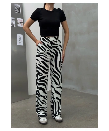 Zebra Desen Cırtlı Palazzo Yüksek Bel ayarlanabilir Bel Bol Paça pantolon