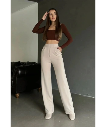 Kadın Likralı Cırt Kapama Bej Palazzo Pantolon