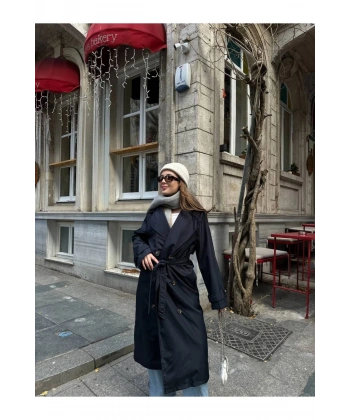 Kadın Lacivert Kuşaklı Yeni Sezon Trençkot