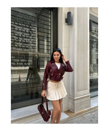 Kadın Bordo Fermuar Ve Kemer Detay Deri Ceket