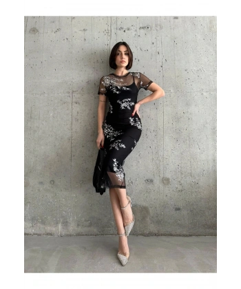 Kadın Trend Varak Desenli Tül Astarlı Elbise Puqqa